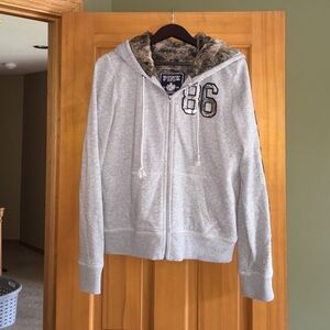 Victoria's Secret PINK Light Gray Zip-Up Hoodie with Faux Fur Lined Hood